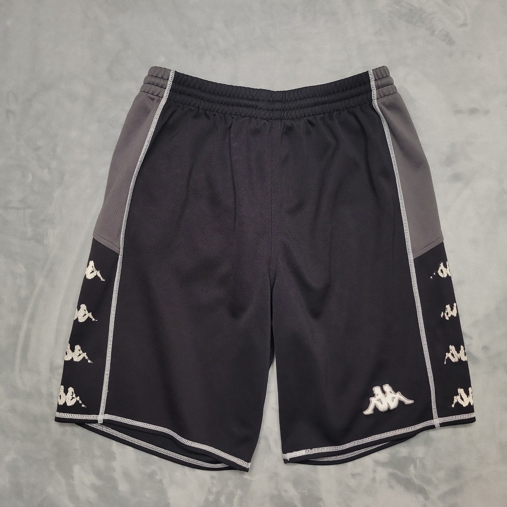 Kappa Soccer Shorts Mens M Black Grey Omini Logo Side Tape Soccer Gym Athletic
